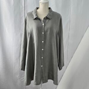 Et' Lois Womens XL Boyfriend Linen Gray Lagenlook Buttoned Long Sleeve Tunic Top